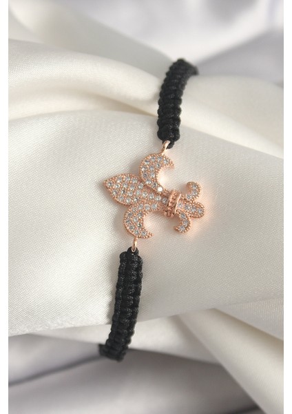 Pirinç Rose Renk Zirkon Taşlı Zambak Model Asansörlü Makrome Model Kadın Bileklik - Lisinya