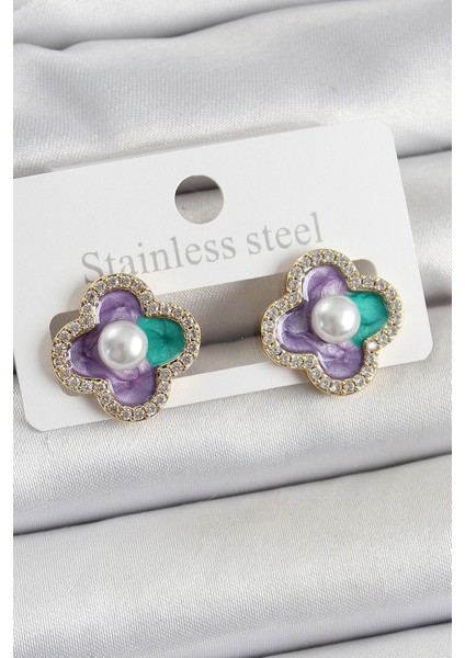 Pirinç Mor Mineli Inci Detaylı Zirkon Taşlı Sanatsal Portre Yonca Model Gold Renk Kadın Küpe - Lisinya