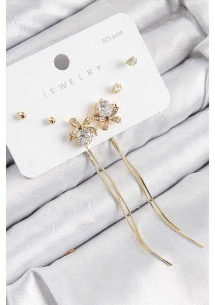 Pirinç Zirkon Taşlı Sallantılı Fiyonk Model Gold Renk 925 Ayar Gümüş Çivi Kadın Küpe Set - Lisinya