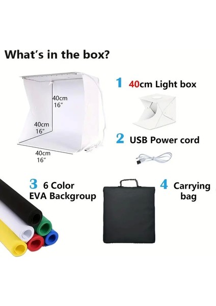 Katlanır Işıklı Fotoğraf Stüdyosu 40X40 cm 6 Renk Fonlu Ürün Çekimi Için Uygun Fotoğraf Çekim Kutusu ( Lisinya ) modelleri