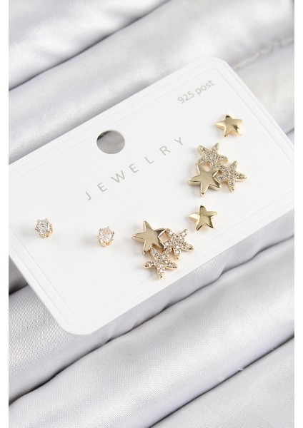 Pirinç Zirkon Taşlı Yıldız Model Gold Renk 925 Ayar Gümüş Çivi Kadın Küpe Set - Lisinya