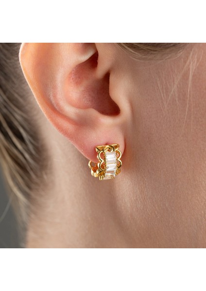 925 Ayar Gümüş Baget Taşlı Minimal Gold Halka Küpe