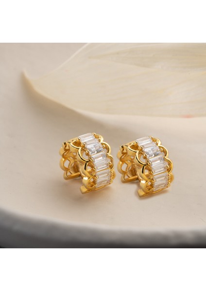 925 Ayar Gümüş Baget Taşlı Minimal Gold Halka Küpe fiyatları
