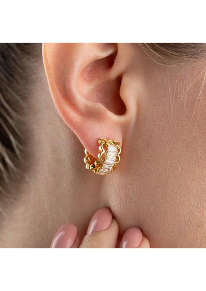 925 Ayar Gümüş Baget Taşlı Minimal Gold Halka Küpe modelleri