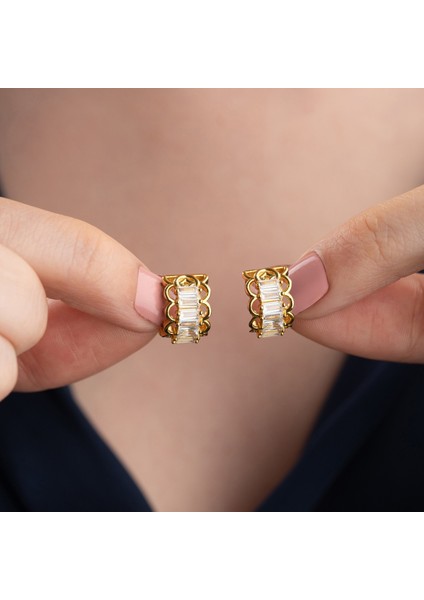 925 Ayar Gümüş Baget Taşlı Minimal Gold Halka Küpe fırsatları