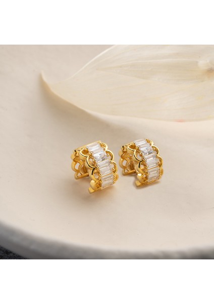 925 Ayar Gümüş Baget Taşlı Minimal Gold Halka Küpe indirimleri