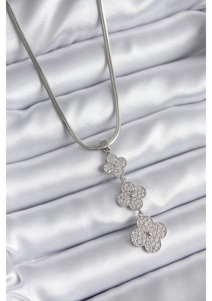 316L Çelik Gümüş Renk Italyan Zincir Zirkon Taşı Yonca Model Kadın Kolye - Lisinya
