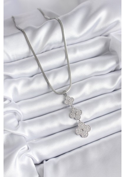 316L Çelik Gümüş Renk Italyan Zincir Zirkon Taşı Yonca Model Kadın Kolye - Lisinya fiyatları