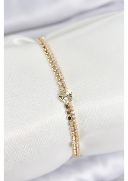 Pirinç Zirkon Taşlı Ezme Zincirli Kalp Model Gold Renk Kadın Bilekilk - Lisinya