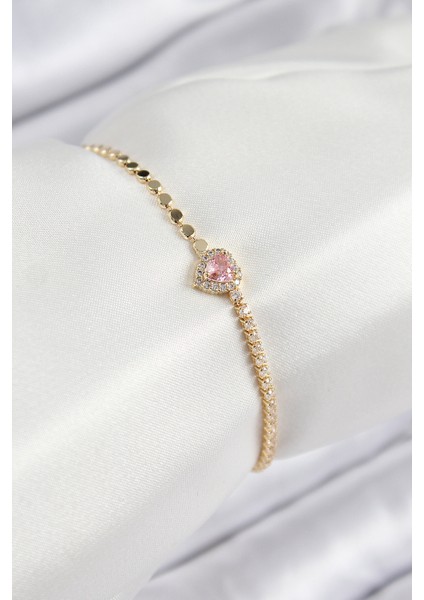 Pirinç Zirkon Taşlı Kalp Model Ezme Zincir Gold Renk Kadın Bileklik - Lisinya