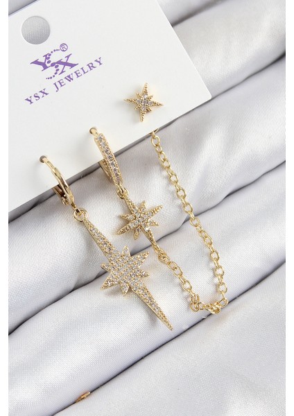 Pirinç Zirkon Taşlı 3'lü Kutup Yıldızı Model Gold Renk Kadın Küpe - Lisinya