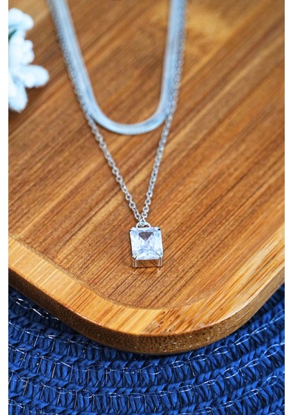 Bakla Model Zirkon Baget Taşlı Zincir Çelik Kolye