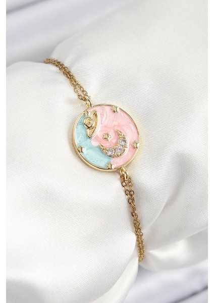 316L Çelik Zincir Mineli Sanatsal Portre Zirkon Taşlı Gezegen Model Gold Renk Kadın Bileklik - Lisinya