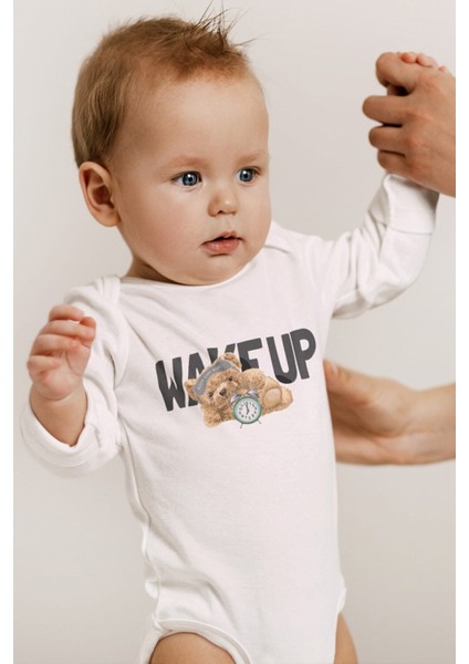 Organik %100 Pamuk Teddy Bear Wake Up Uzun Kollu Bebek Çıtçıtlı Body Badi Zıbın Tulum 5394