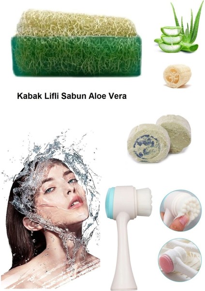 3lü Set Yüz Temizleme Fırçası Bakım Yaşlanma Karşıtı Peeling Aloe Vera Sabun Akne,leke Ruşur Taşı