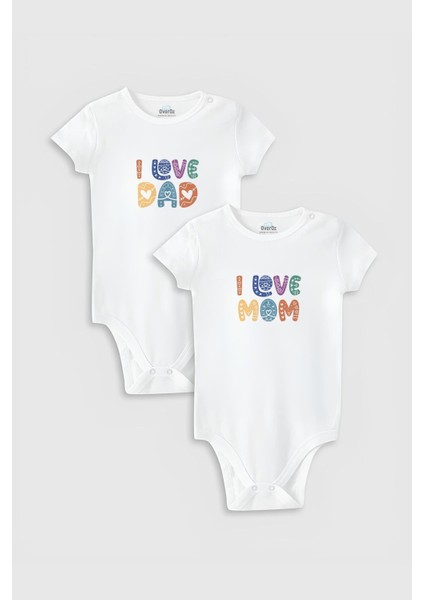 Organik %100 Pamuk Love Mom & Dad Anne Baba 2'li Bebek Body Set Çıtçıtlı Badi Zıbın Ikili 5191-5192