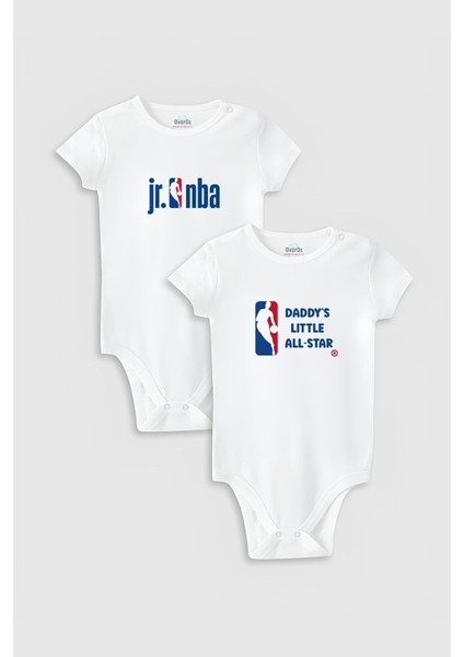 Organik %100 Pamuk Basketbol Baskılı 2'li Bebek Body Set Beyaz Badi Zıbın Tulum Ikili 5334-5335