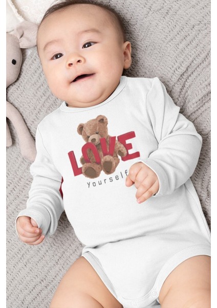 Organik %100 Pamuk Teddy Bear Love Baskılı Uzun Kollu Çıtçıtlı Bebek Body Badi Zıbın Tulum 5408