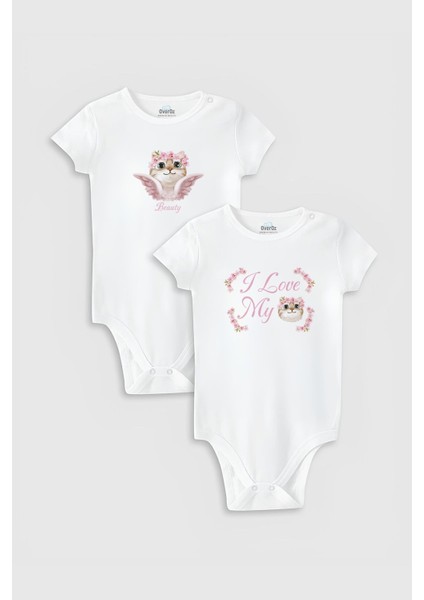Organik %100 Pamuk Cat Kedi Baskılı 2'li Bebek Body Set Beyaz Badi Çıtçıtlı Zıbın Ikili 5764-5765