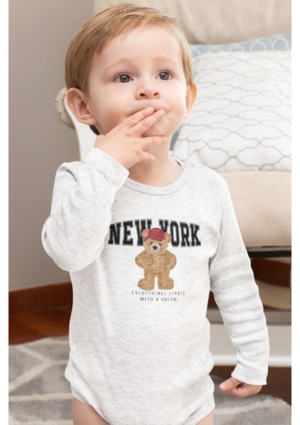 Organik %100 Pamuk Teddy Bear New York Baskılı Uzun Kollu Çıtçıtlı Bebek Body Badi Zıbın Tulum 5409
