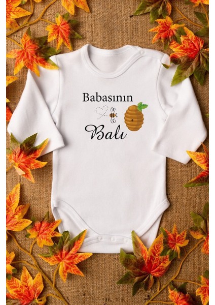 Organik %100 Pamuk Babasının Balı Baskılı Uzun Kollu Çıtçıtlı Bebek Body Badi Zıbın Tulum 5582