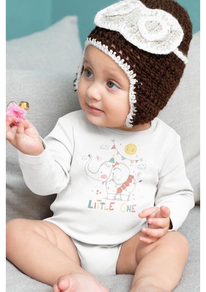 Organik %100 Pamuk Little One Fil Baskılı Uzun Kollu Bebek Çıtçıtlı Body Badi Zıbın Tulum 5436