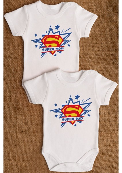Organik %100 Pamuk Super Mom Dad Anne Baba 2'li Bebek Body Set Çıtçıtlı Badi Zıbın Ikili 5195-5196