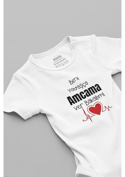 Organik %100 Pamuk Beni Yavaşça Amcama Ver Desenli Kısa Kollu Çıtçıtlı Bebek Body Badi Zıbın 5589