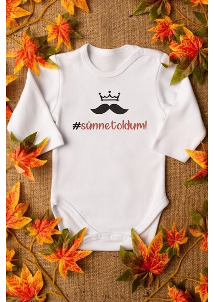 Organik %100 Pamuk Sünnet Oldum Yazılı Uzun Kollu Bebek Body Beyaz Çıtçıtlı Badi Zıbın 5571