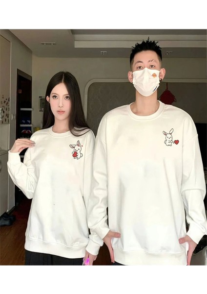 Irsa Center Tavşan Baskılı Sevgili Çift Kombini Kapüşonlu Sweatshirt Hodie Beyaz