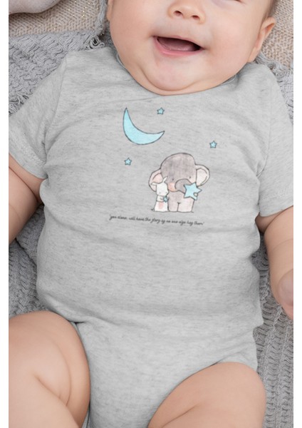 Organik %100 Pamuk Fil ve Tavşan Baskılı Bebek Body Badi Çıtçıtlı Zıbın Tulum 5104-G