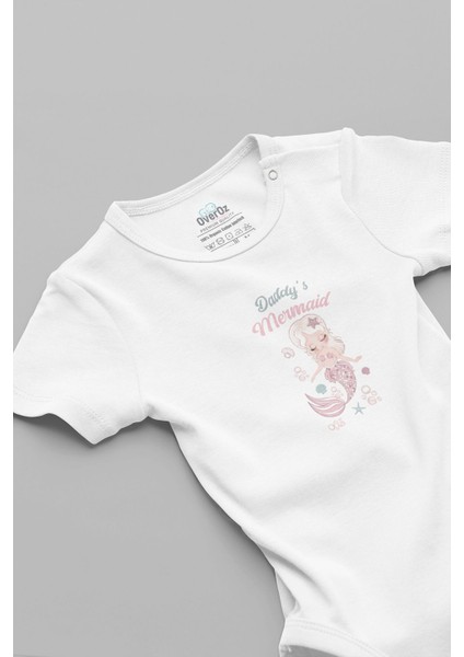 Organik %100 Pamuk Daddy's Mermaid Denizkızı Baskılı Bebek Body Beyaz Badi Çıtçıtlı Zıbın 5801