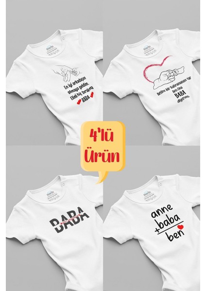 Organik %100 Pamuk 4'lü Babaya Özel Bebek Body Badi Çıtçıtlı Zıbın Dörtlü 5000-5175-5176-5638