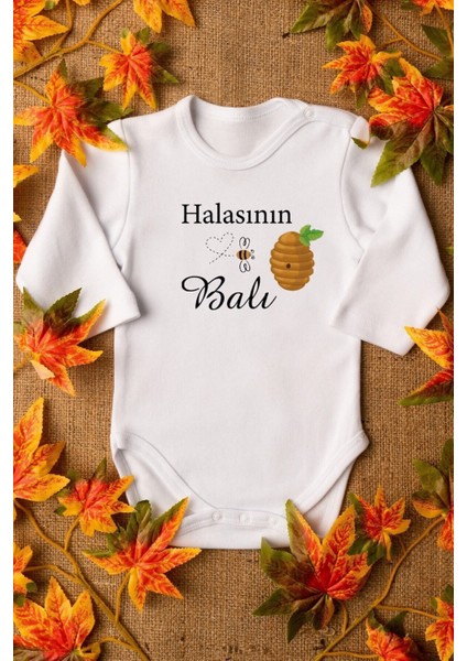 Organik %100 Pamuk Halasının Balı Baskılı Uzun Kollu Çıtçıtlı Bebek Body Badi Zıbın Tulum 5584
