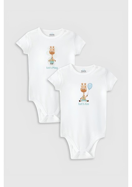 Organik %100 Pamuk Zürafa Baskılı Bebek 2'li Body Set Çıtçıtlı Zıbın Tulum Ikili 5198-5199