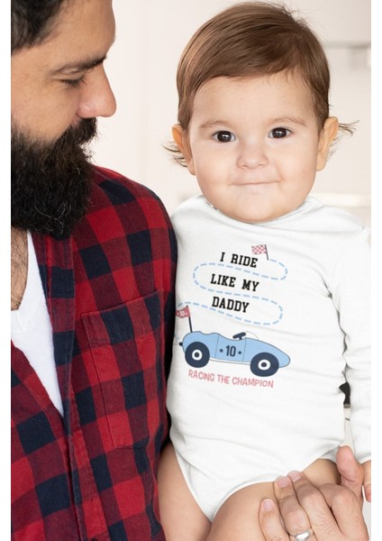 Organik %100 Pamuk Ride Like Daddy Baba Araba Uzun Kollu Bebek Çıtçıtlı Body Badi Zıbın Tulum 5419