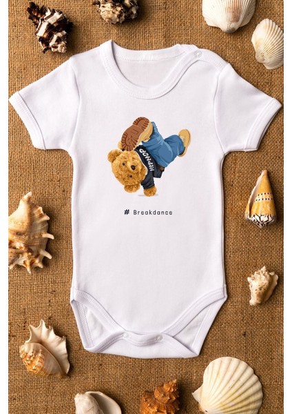 Organik %100 Pamuk Teddy Bear Breakdance Baskılı Bebek Body Kısa Kollu Badi Çıtçıtlı Zıbın 5285