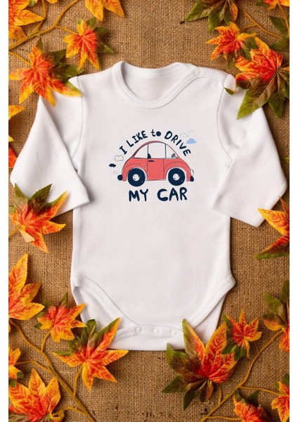 Organik %100 Pamuk My Car Araba Baskılı Uzun Kollu Çıtçıtlı Bebek Body Badi Zıbın Tulum 5561