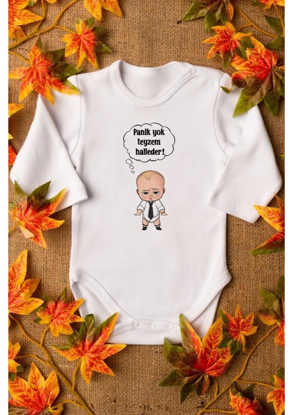 Organik %100 Pamuk Patron Bebek Panik Yok Teyzem Halleder Bebek Body Uzun Kolllu Badi Zıbın 5181