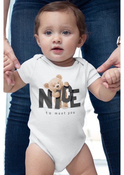 Organik %100 Pamuk Teddy Bear Nice Baskılı Çıtçıtlı Bebek Body Badi Zıbın Tulum 5407