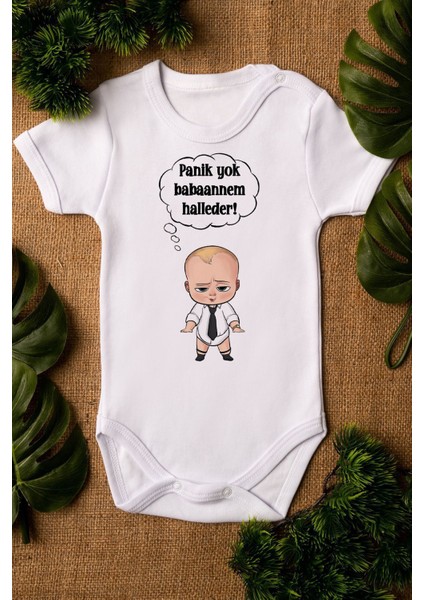 Organik %100 Pamuk Patron Bebek Panik Yok Babaannem Halleder Bebek Body Kısa Kollu Badi Zıbın 5186