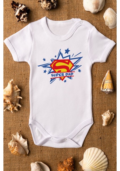 Organik %100 Pamuk Super Dad Baba Desenli Bebek Body Çıtçıtlı Badi Zıbın Tulum 5196