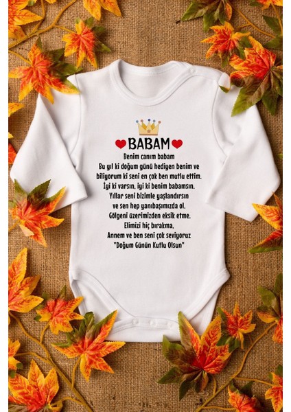 Organik %100 Pamuk Doğumgünü Baba Baskılı Bebek Body Uzun Kollu Çıtçıtlı Badi Zıbın 5224