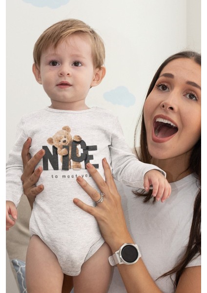 Organik %100 Pamuk Teddy Bear Nice Baskılı Beyaz Uzun Kollu Çıtçıtlı Bebek Body Badi Zıbın 5407