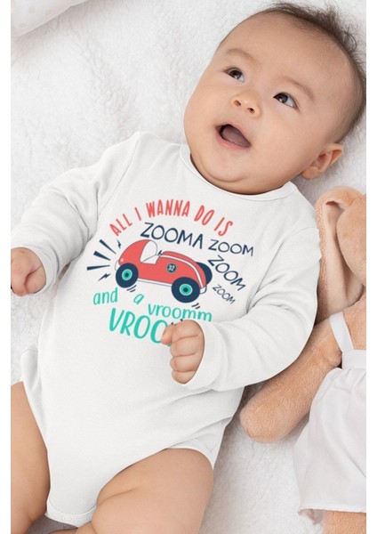 Organik %100 Pamuk Araba Baskılı Uzun Kollu Bebek Çıtçıtlı Body Badi Zıbın Tulum 5421