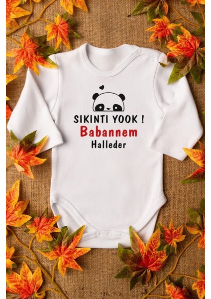 Organik %100 Pamuk Sıkıntı Yok Babaannem Halleder Uzun Kollu Bebek Body Çıtçıtlı Badi Zıbın 5575