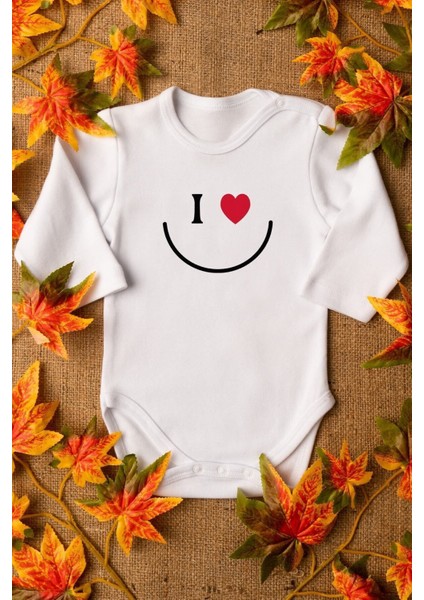 Organik %100 Pamuk Gülen Yüz Smiley Baskılı Uzun Kollu Bebek Çıtçıtlı Body Badi Zıbın Tulum 5366