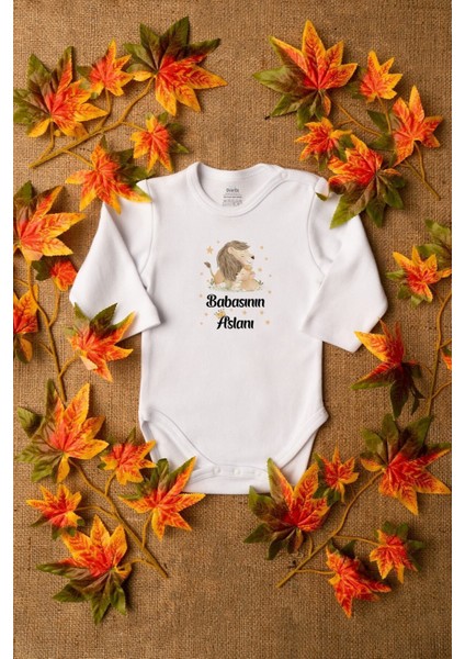 Organik %100 Pamuk Babasının Aslanı Baskılı Bebek Body Uzun Kollu Çıtçıtlı Badi Zıbın Tulum 5268