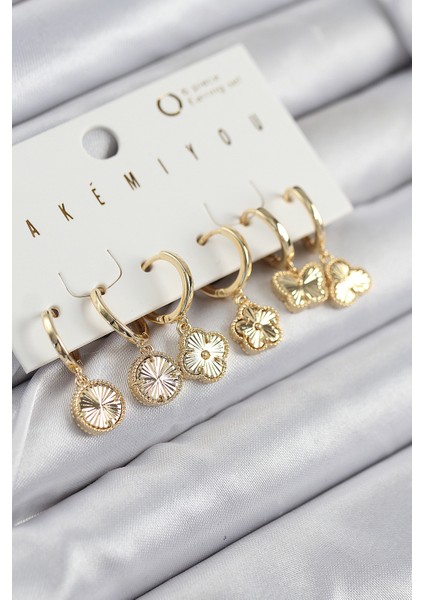 Pirinç Zirkon Taşlı Yonca Model Gold Renk 6'lı Küpe Set - Lisinya