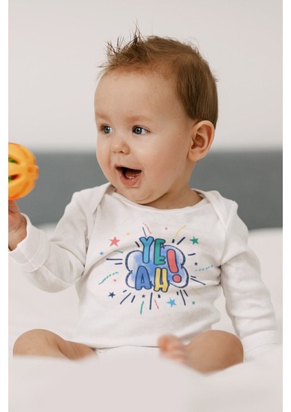 Organik %100 Pamuk Yeah Baskılı Uzun Kollu Çıtçıtlı Bebek Body Badi Zıbın Tulum 5452